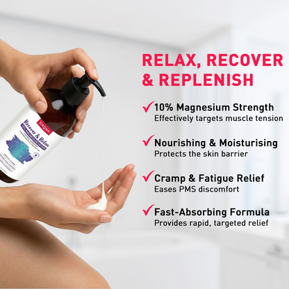 Hand holding a bottle of magnesium product with text highlighting benefits on a light background