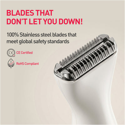 Close-up of white electric razor head with 100% stainless steel blades, CE certified and RoHS compliant labels visible