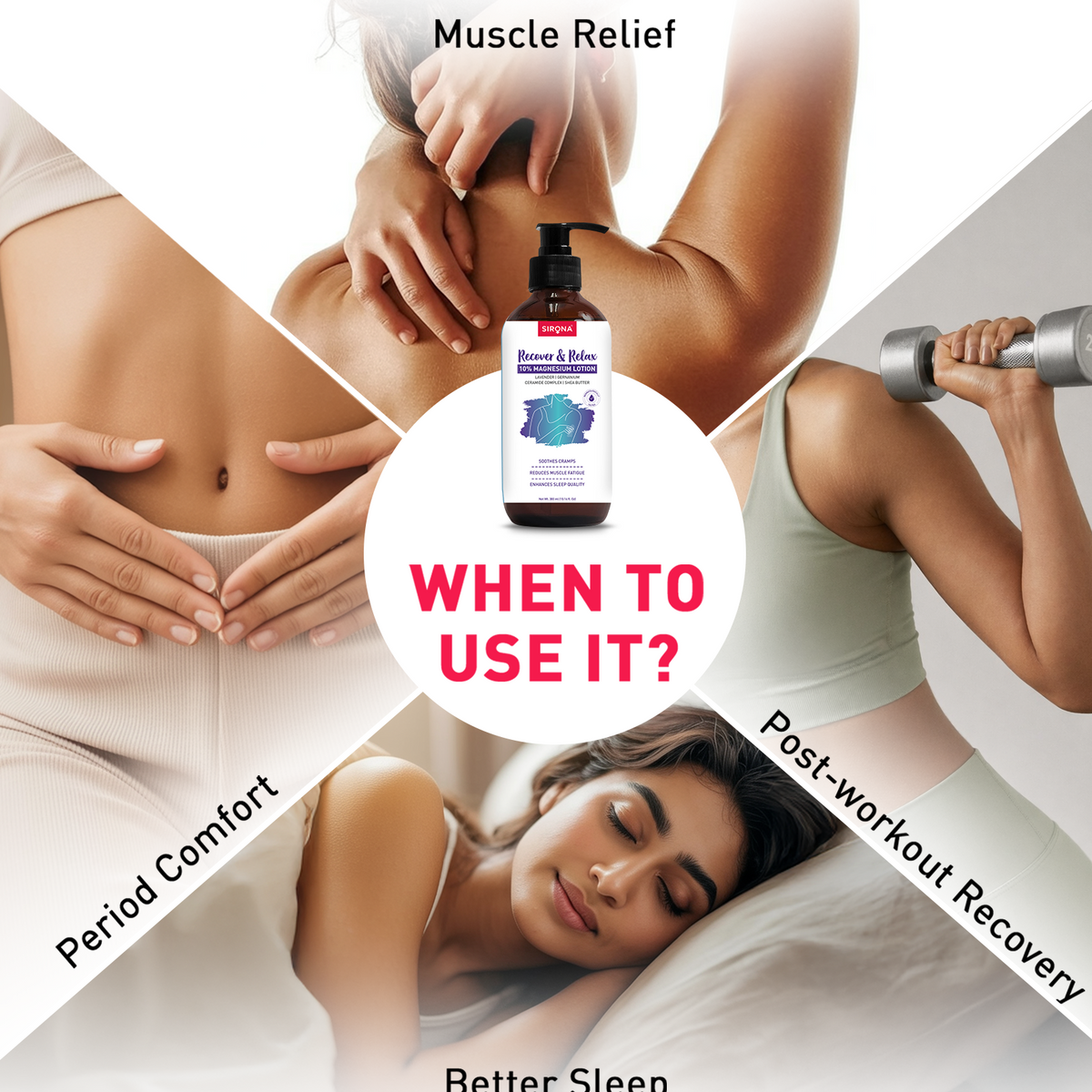 Product advertisement with images of people using the product for muscle relief, period comfort, post-workout recovery, and better sleep