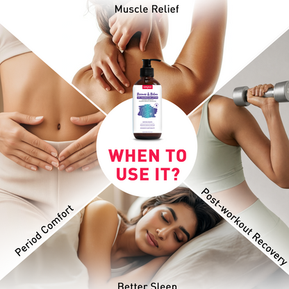 Product advertisement with images of people using the product for muscle relief, period comfort, post-workout recovery, and better sleep