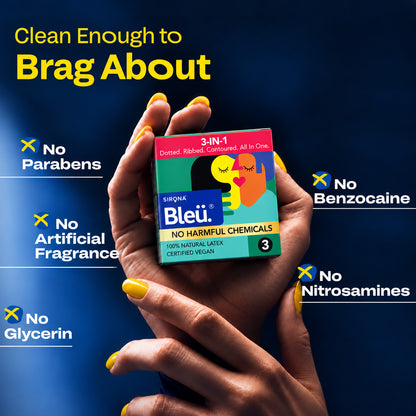 Bleu 3 in 1 Vegan Condoms – Dotted, Ribbed &amp; Contoured, Chemical-Free (1 Pack of 3)