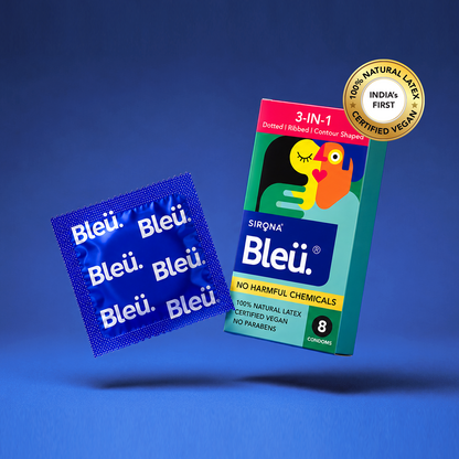 Bleu 3 in 1 Vegan Condoms – Dotted, Ribbed &amp; Contoured, Chemical-Free (1 Pack of 8)