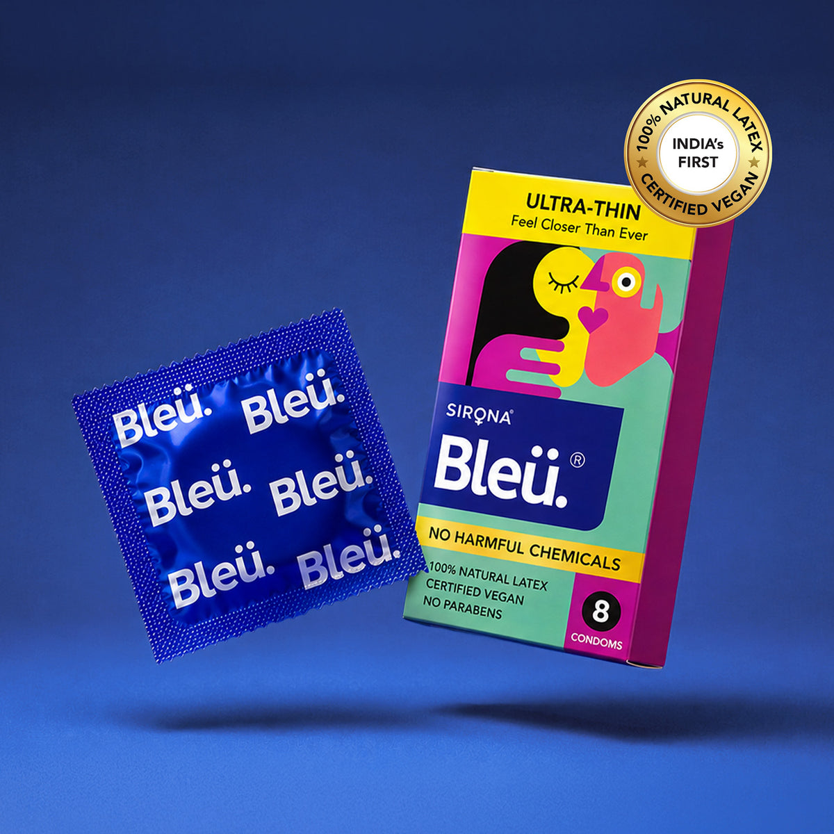 Bleu Ultra-Thin Vegan Condoms – 100% Natural Latex, Fragrance-Free (Pack of 8)