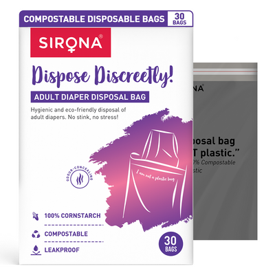 Sirona compostable disposable bags packaging with a close-up of a bag on a white background