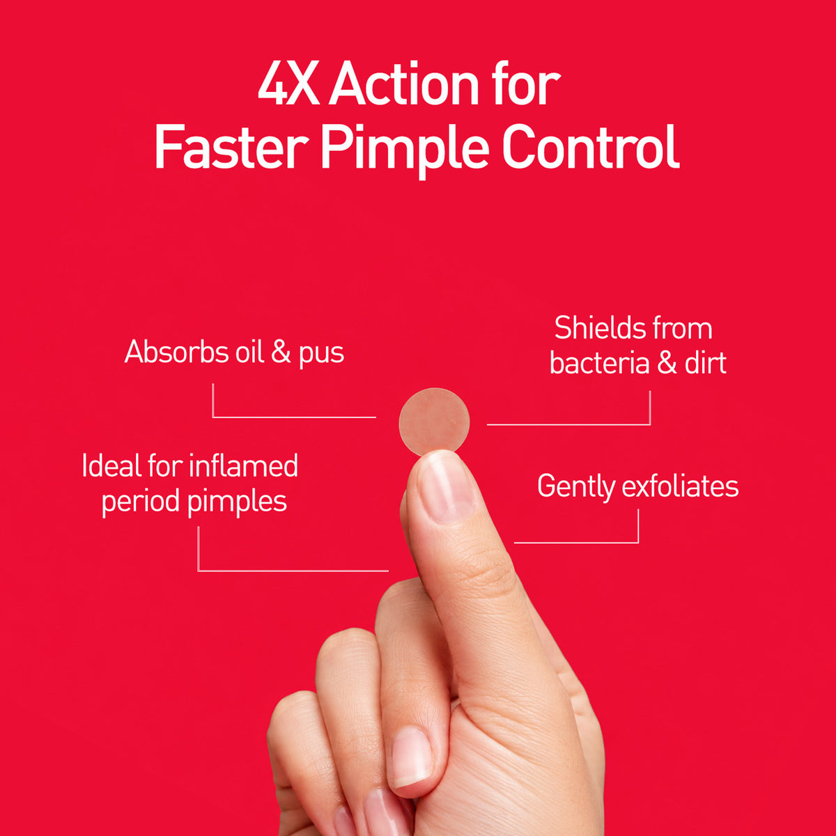 Hand holding a small round acne pimple patch on red background with text about 4X action for faster pimple control