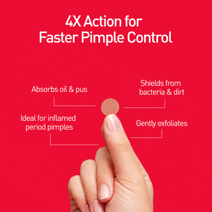 Hand holding a small round acne pimple patch on red background with text about 4X action for faster pimple control