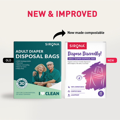 Sirona adult diaper disposal bags old vs new packaging with compostable feature highlighted
