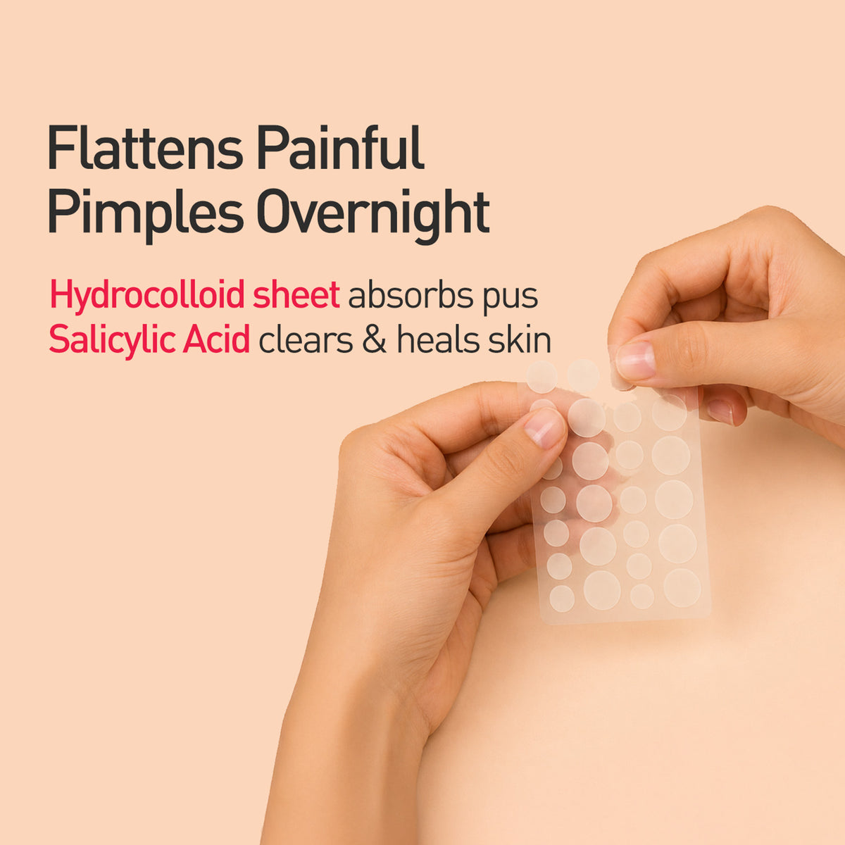 Hands holding transparent acne pimple patches on a sheet with text about hydrocolloid sheet and salicylic acid benefits