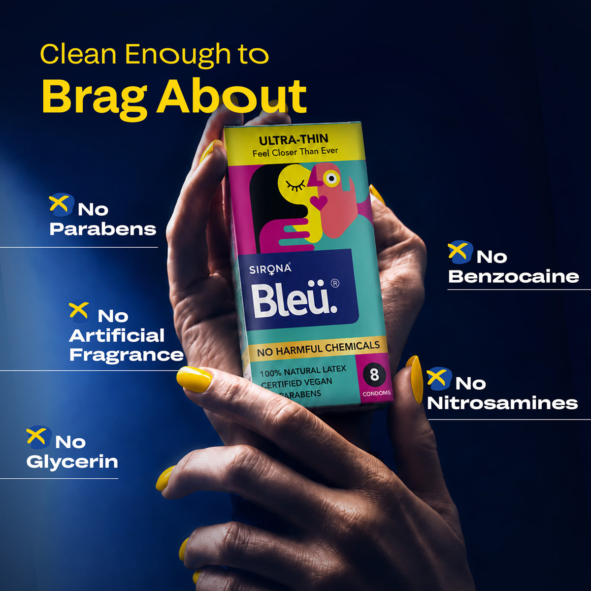 Bleu Ultra-Thin Vegan Condoms – 100% Natural Latex, Fragrance-Free (Pack of 8)