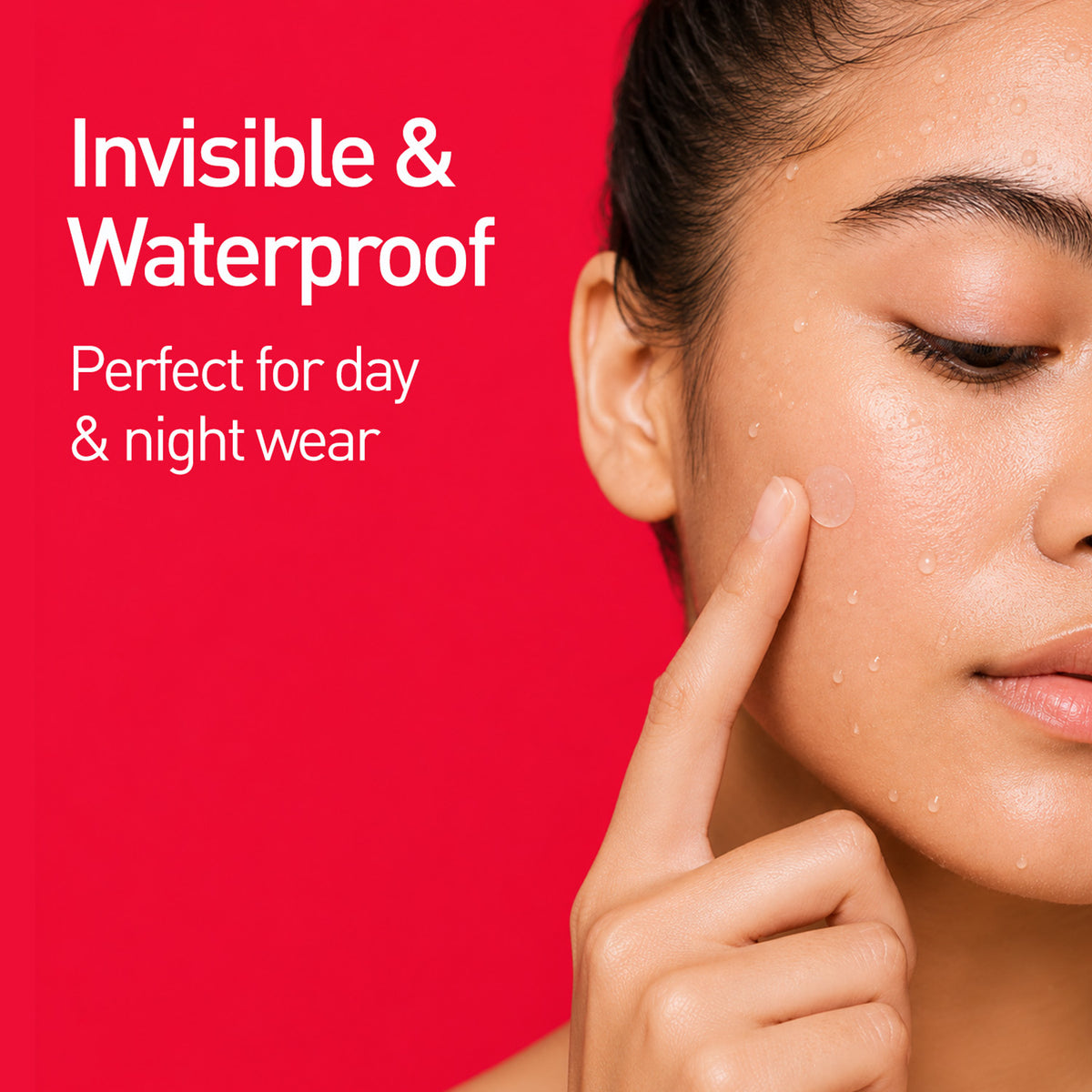 Clear acne pimple patch applied on cheek of model with water droplets, text "Invisible &amp; Waterproof" on red background