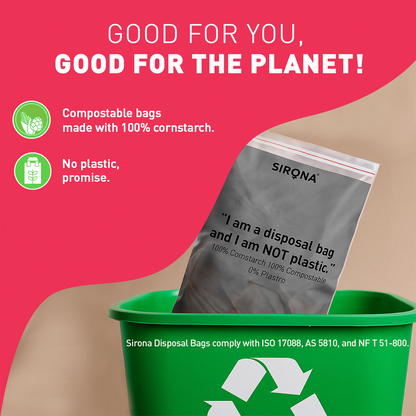 Sirona compostable bag in green recycling bin on pink background