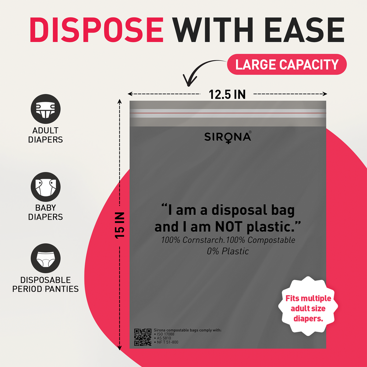 Sirona disposable bag packaging with dimensions and product features on a white background