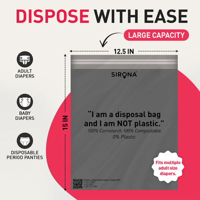 Sirona disposable bag packaging with dimensions and product features on a white background