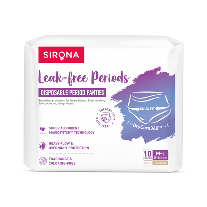 Sirona Disposable Period Panties for Women – Leakproof, Breathable Menstrual Underwear with DryCore360™ Technology (Pack of 10 Panties)