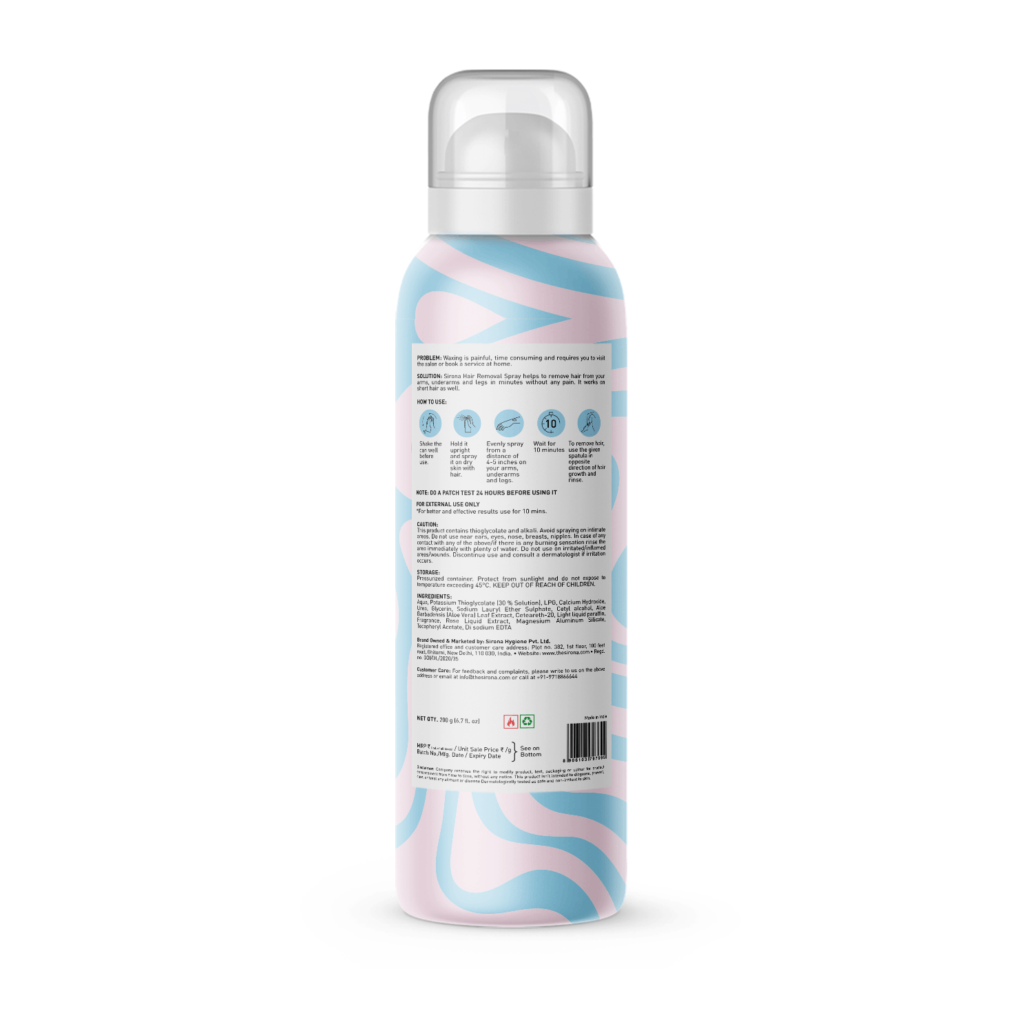 Sirona Hair Removal Spray Foam with Aloe Vera Extracts and Rose Fragrance | For Legs, Arms &amp; Underarms | Removes Hair in 10 Minutes | Parabens Free | Dermatologically Tested | 200 ml