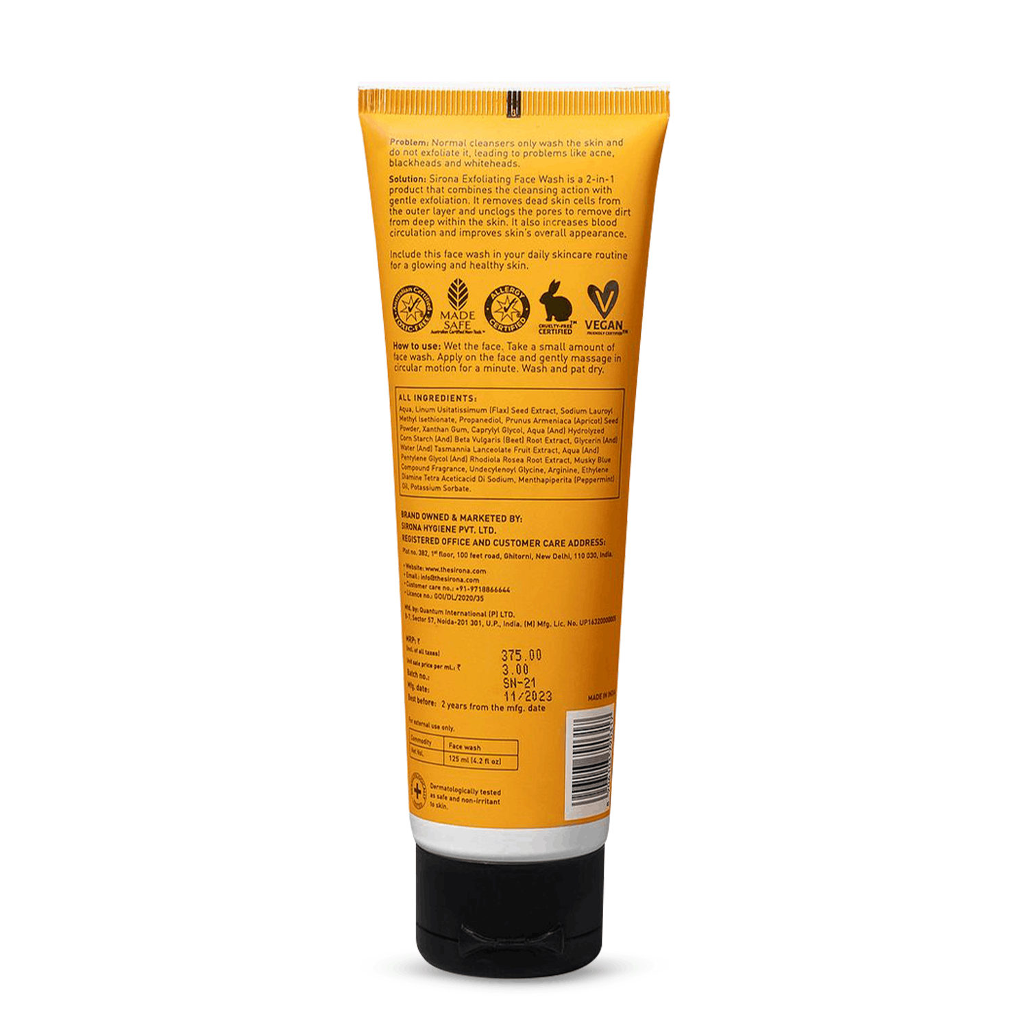 Sirona Exfoliating Face Wash - 125 ml | Reduces Blemishes, Anti-Ageing, Facial Cleanser With Apricot, Flax-Seed Extracts, For All Skin Types