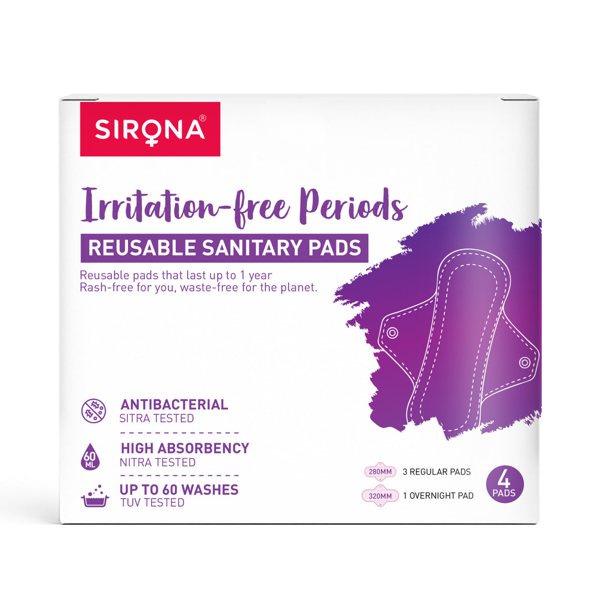 Reusable Sanitary Pads (1 Pack of 4 Pads)