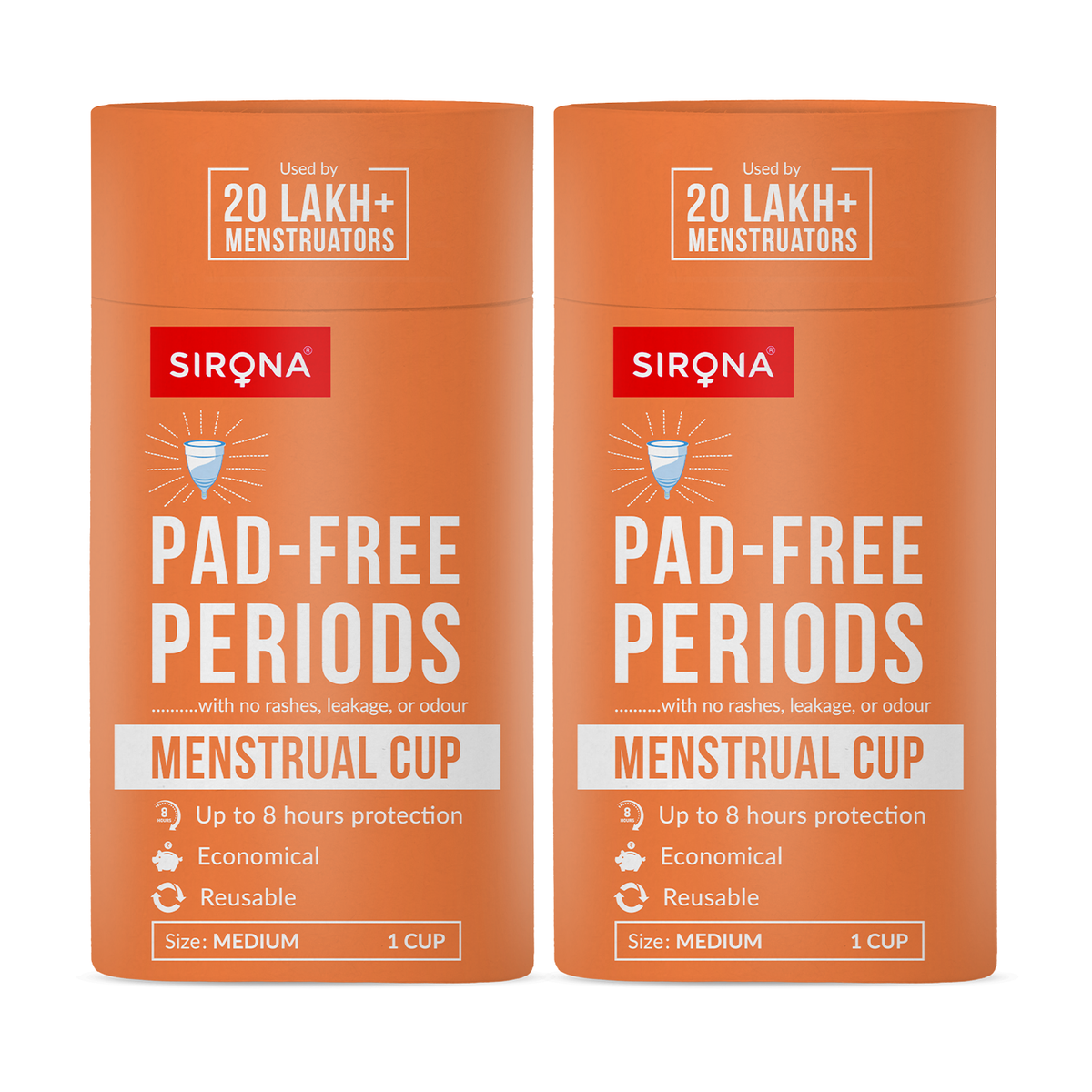Two orange containers of Sirona menstrual cup packaging on a white background