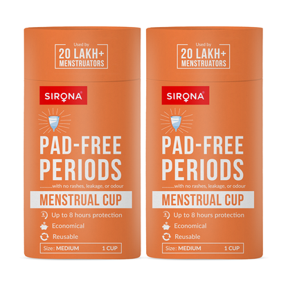 Two orange containers of Sirona menstrual cup packaging on a white background