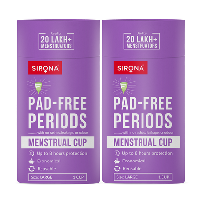 Two purple packages of Sirona menstrual cup with text on a white background