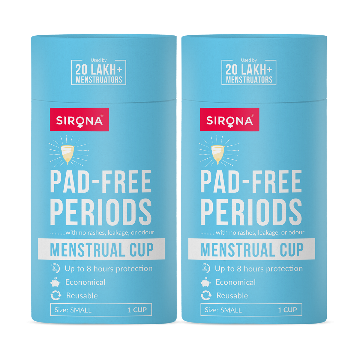Two blue containers of Sirona menstrual cups on a white background