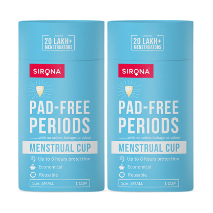 Two blue containers of Sirona menstrual cups on a white background