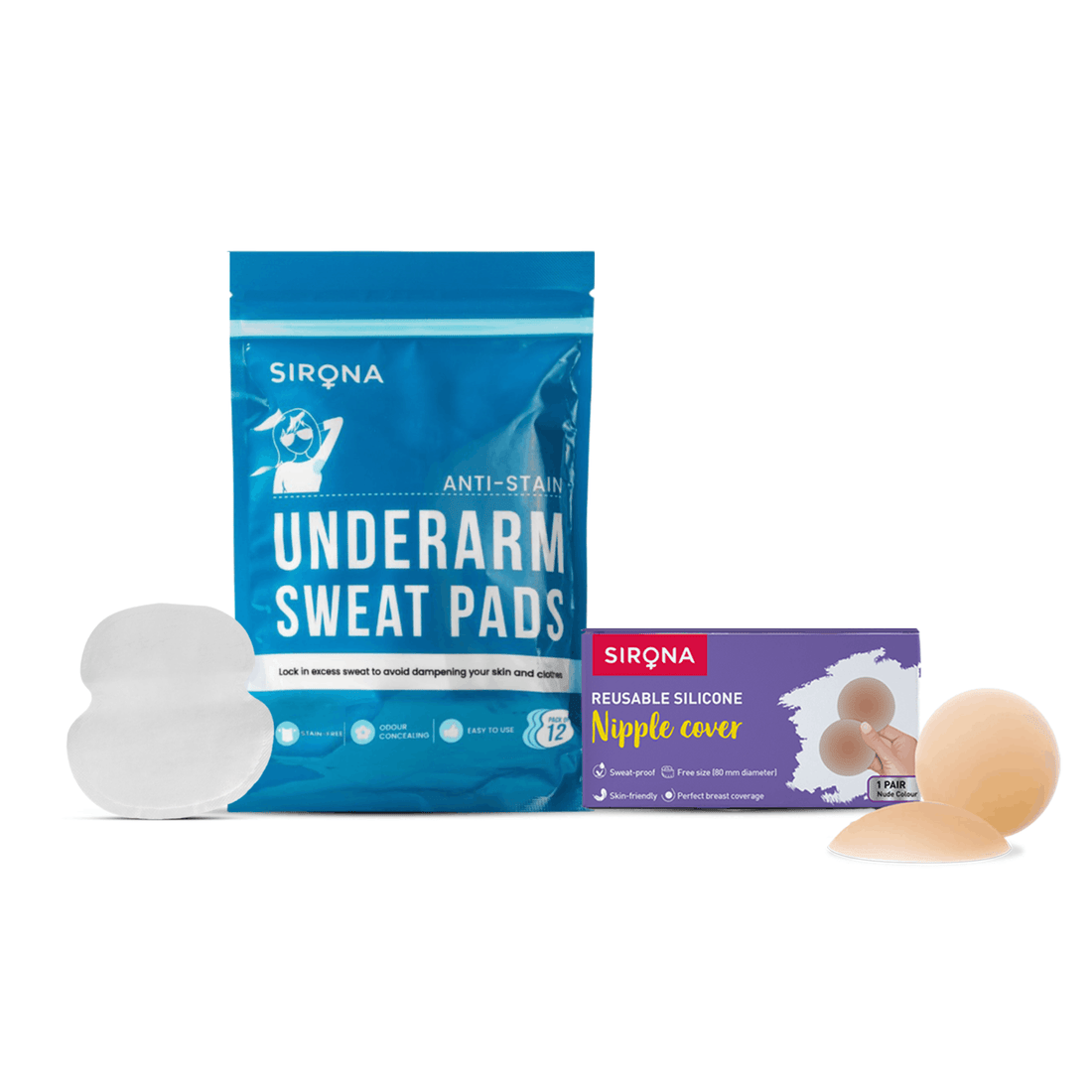 Sirona No Embarrassment Duo | Underarm Sweat Pads, Reusable Silicone Nipple Covers, Fabric &amp; Skin Friendly