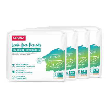 Pack of Sirona disposable period panties on a white background