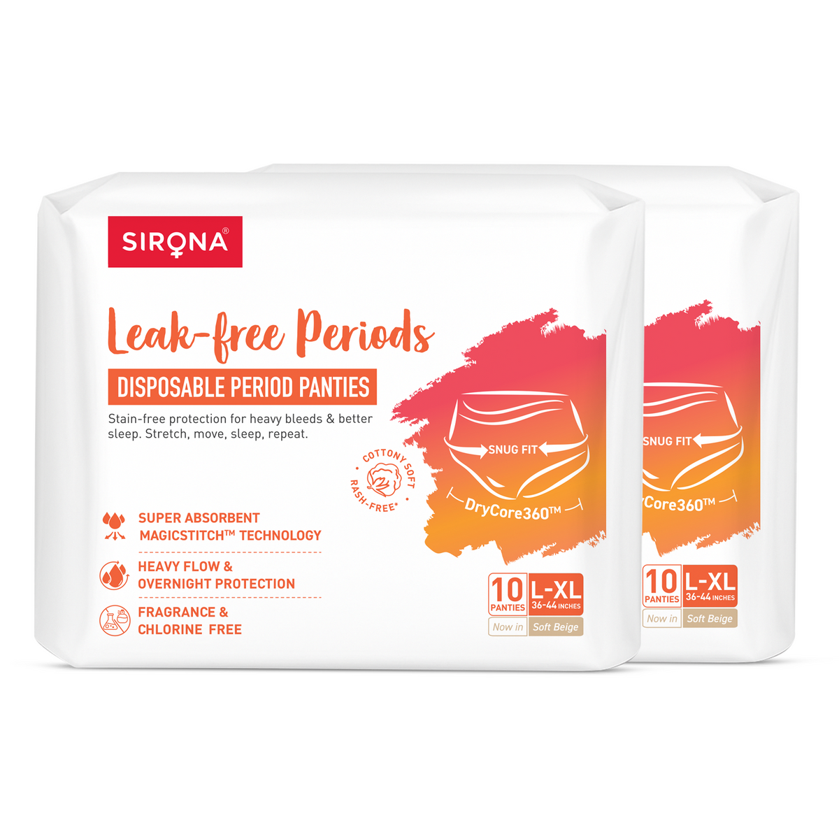 Two packages of Sirona leak-free periods disposable period panties on a white background