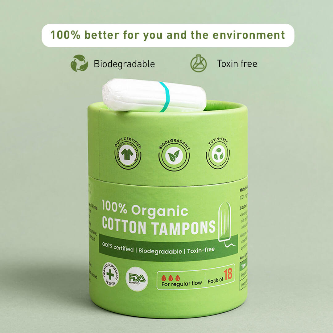 Sirona 100 % Organic Cotton Tampons for Regular Flow , Biodegradable Tampon, Ultra Soft, Toxin Free, Leak Proof, FDA Approved - (18 Pcs)