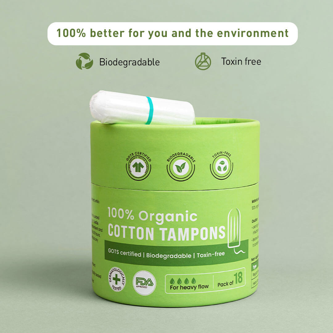 Sirona 100 % Organic Cotton Tampons for Heavy Flow , Biodegradable Tampon, Ultra Soft &amp; Leak Proof, FDA Approved, Toxin Free - (18 Pcs)