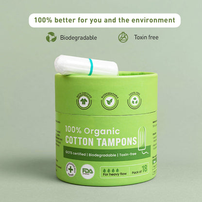 Sirona 100 % Organic Cotton Tampons for Heavy Flow , Biodegradable Tampon, Ultra Soft &amp; Leak Proof, FDA Approved, Toxin Free - (18 Pcs)