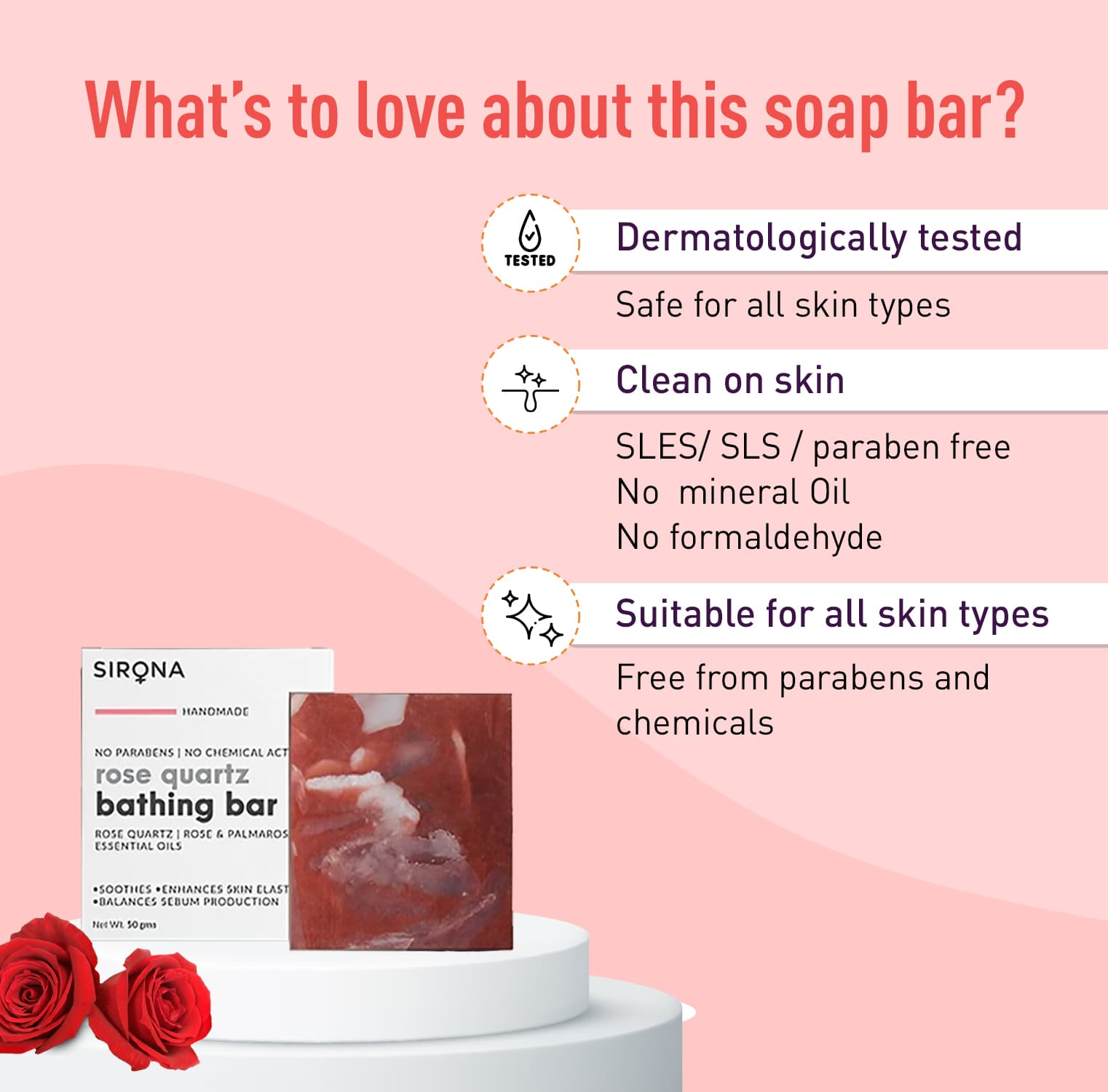 Sirona Rose Quartz Bar | Handmade Soap Enhance Radiance, Fights Infections, Paraben free, Chemicals free - 50 gm