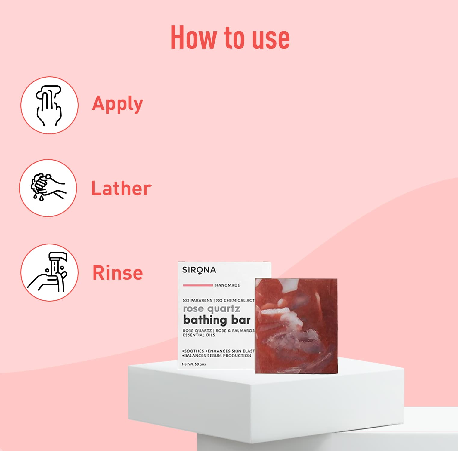 Sirona Rose Quartz Bar | Handmade Soap Enhance Radiance, Fights Infections, Paraben free, Chemicals free - 50 gm