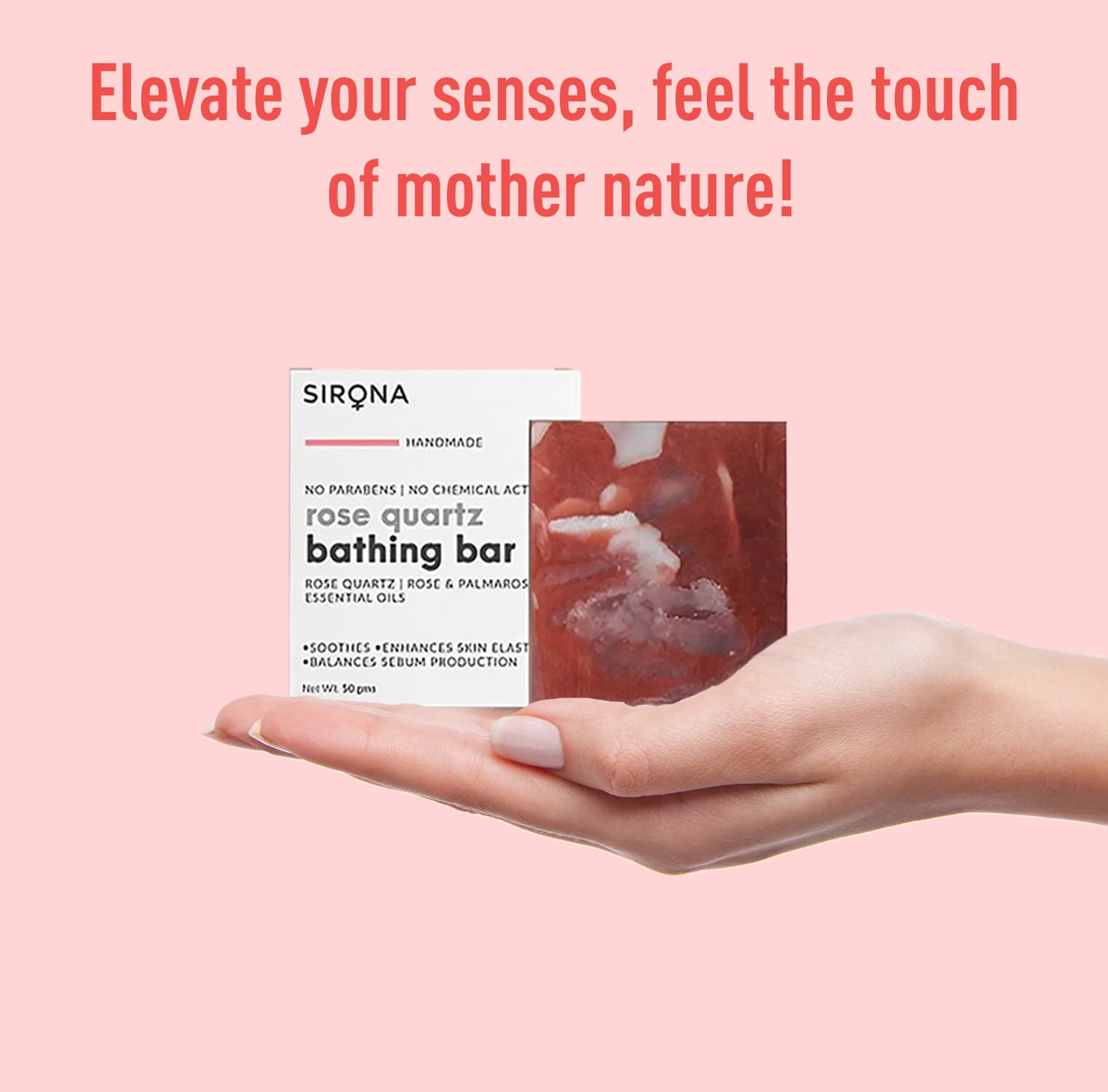 Sirona Rose Quartz Bar | Handmade Soap Enhance Radiance, Fights Infections, Paraben free, Chemicals free - 50 gm