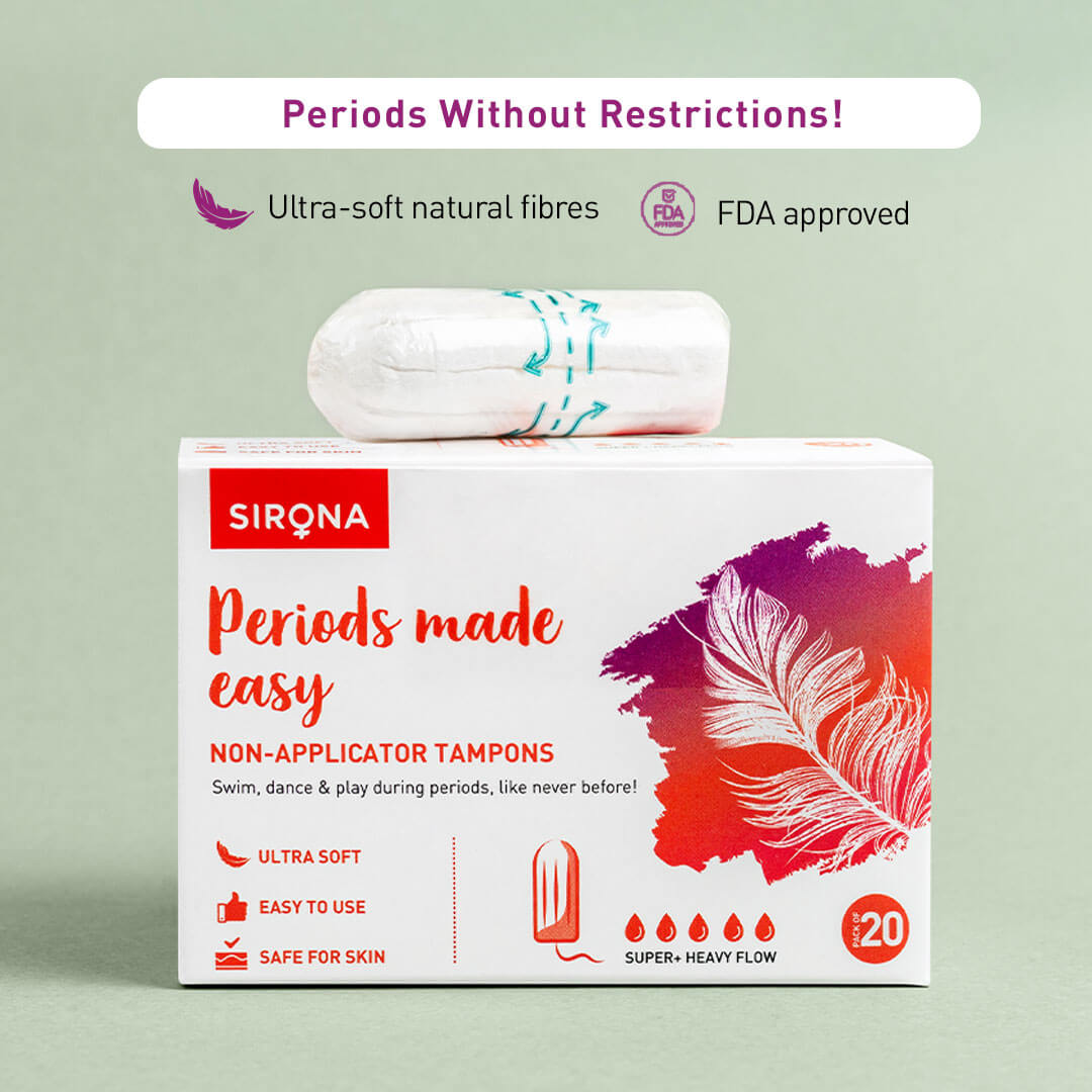 Sirona Non-applicator Tampons for Super Plus Heavy Flow , Ultra Soft Tampons, Rash-Free, Stain-Free, Odour-Free, Leakage Free, FDA Approved - (20 Pcs)