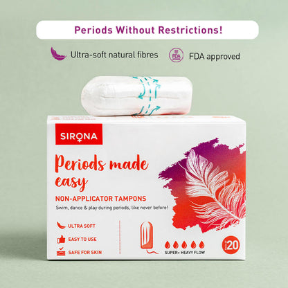 Sirona Non-applicator Tampons for Super Plus Heavy Flow , Ultra Soft Tampons, Rash-Free, Stain-Free, Odour-Free, Leakage Free, FDA Approved - (20 Pcs)