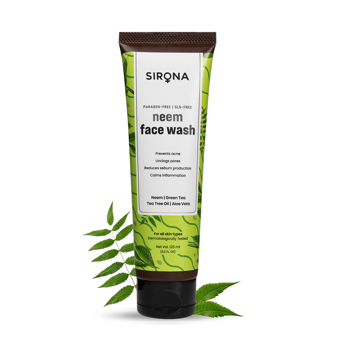 Sirona Neem Face Wash for Acne with Green Tea, Tea Tree Oil &amp; Aloe Vera | Best Face Wash for Pimples | Unclog Pores, For All Skin Types (125 ml)