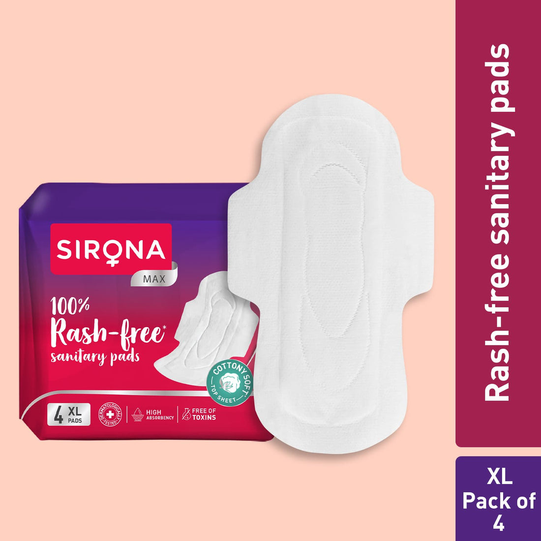 100% Rash Free Sanitary Pads for Women (XL) | 4 Pads For Heavy Flow, Cottony Soft Top Sheet, Leakproof, Toxin Free Napkin