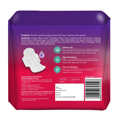 100% Rash Free Sanitary Pads for Women (XL) | 4 Pads For Heavy Flow, Cottony Soft Top Sheet, Leakproof, Toxin Free Napkin