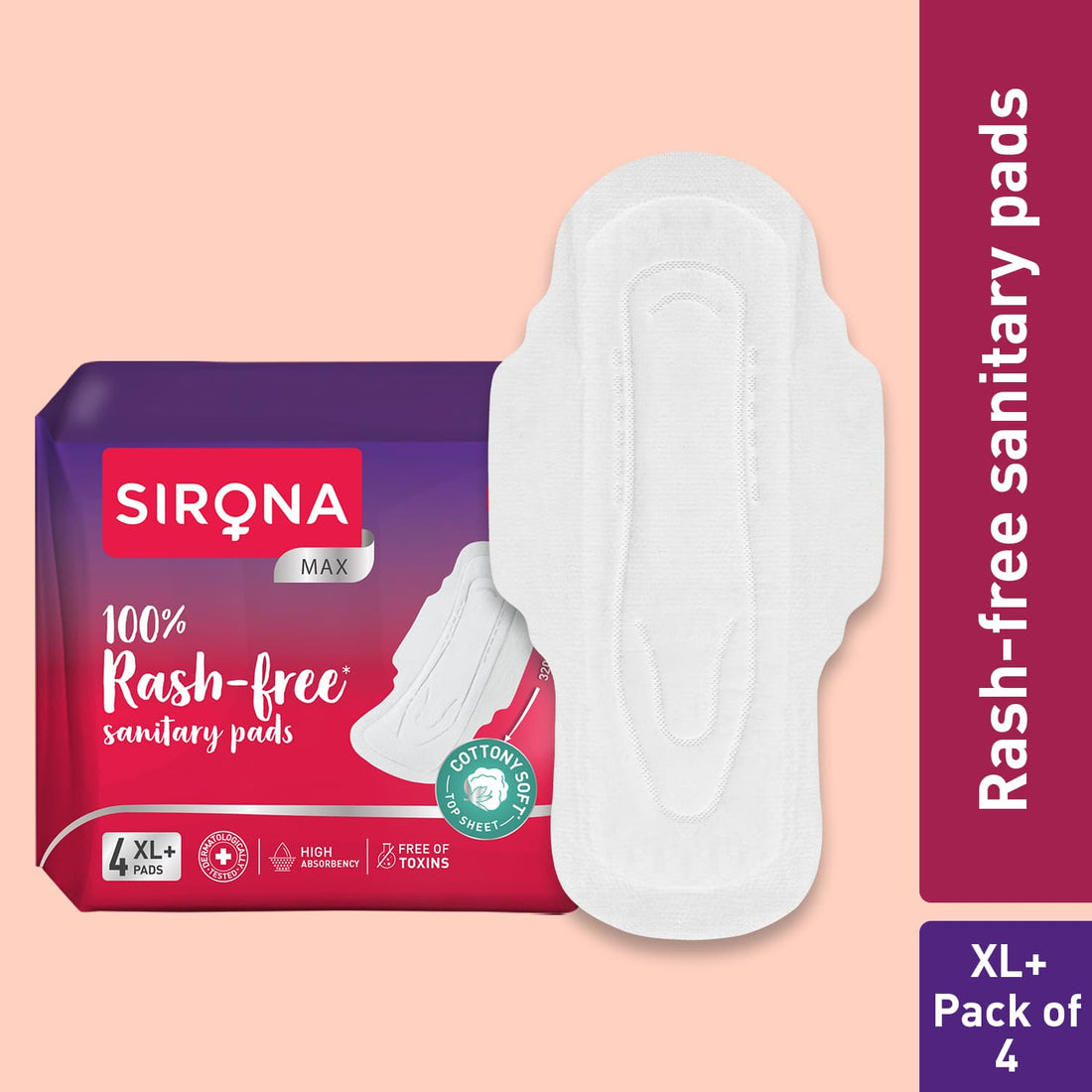 100% Rash Free Sanitary Pads for Women (XL+) | 4 Disposable Pads For Heavy Flow, Cottony Soft Top Sheet, Leakproof, Toxin Free Napkin