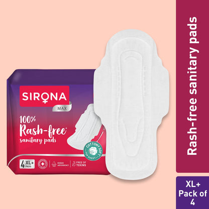 100% Rash Free Sanitary Pads for Women (XL+) | 4 Disposable Pads For Heavy Flow, Cottony Soft Top Sheet, Leakproof, Toxin Free Napkin