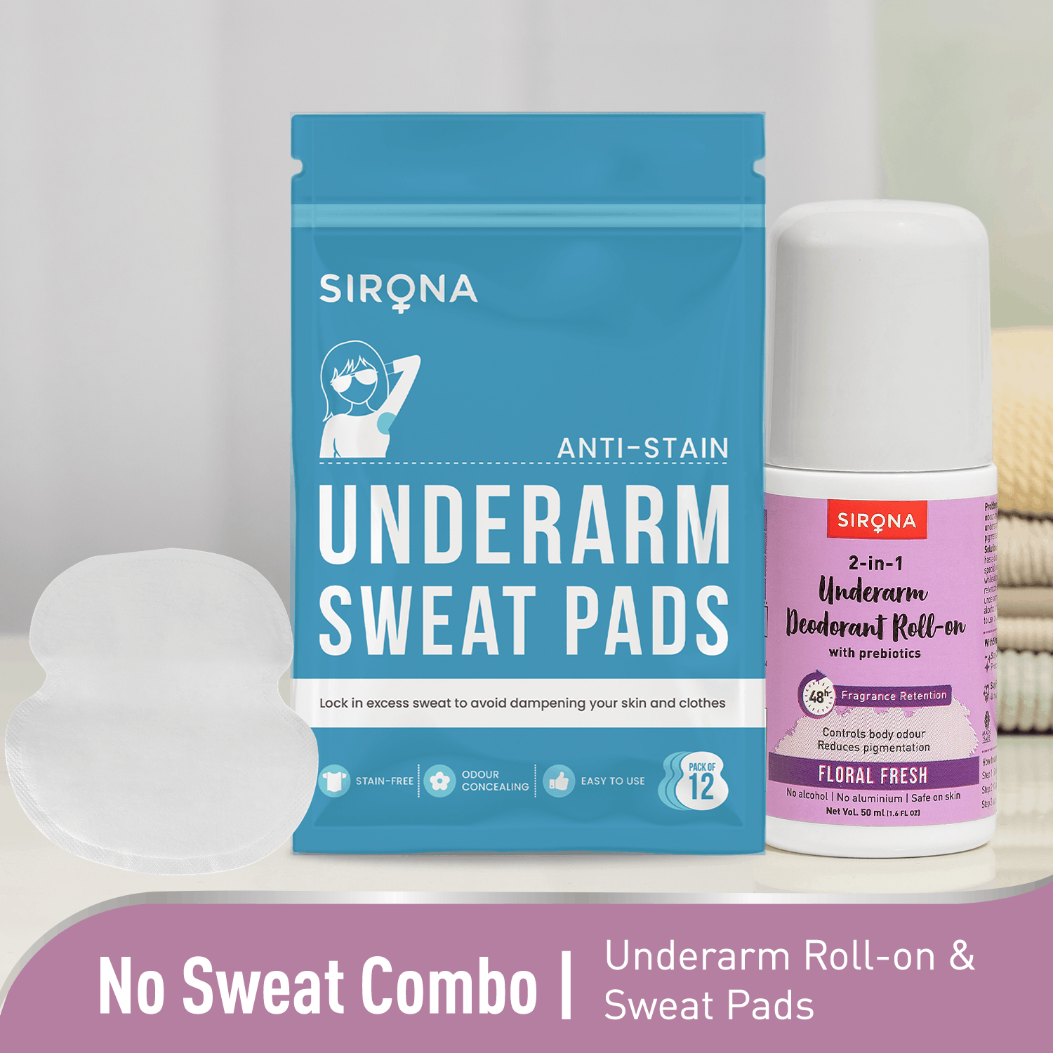 Sirona No Sweat Combo - 2 in 1 Underarm Roll On, Underarm Sweat Pads, Soft &amp; Rash Free, Safe on Skin - Pack of 1