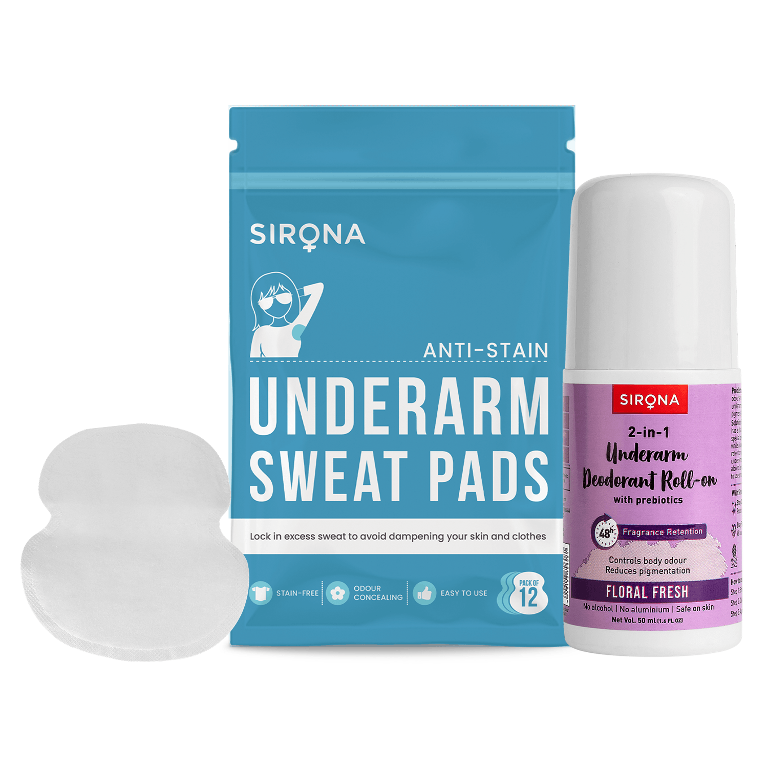 Sirona No Sweat Combo - 2 in 1 Underarm Roll On, Underarm Sweat Pads, Soft &amp; Rash Free, Safe on Skin - Pack of 1
