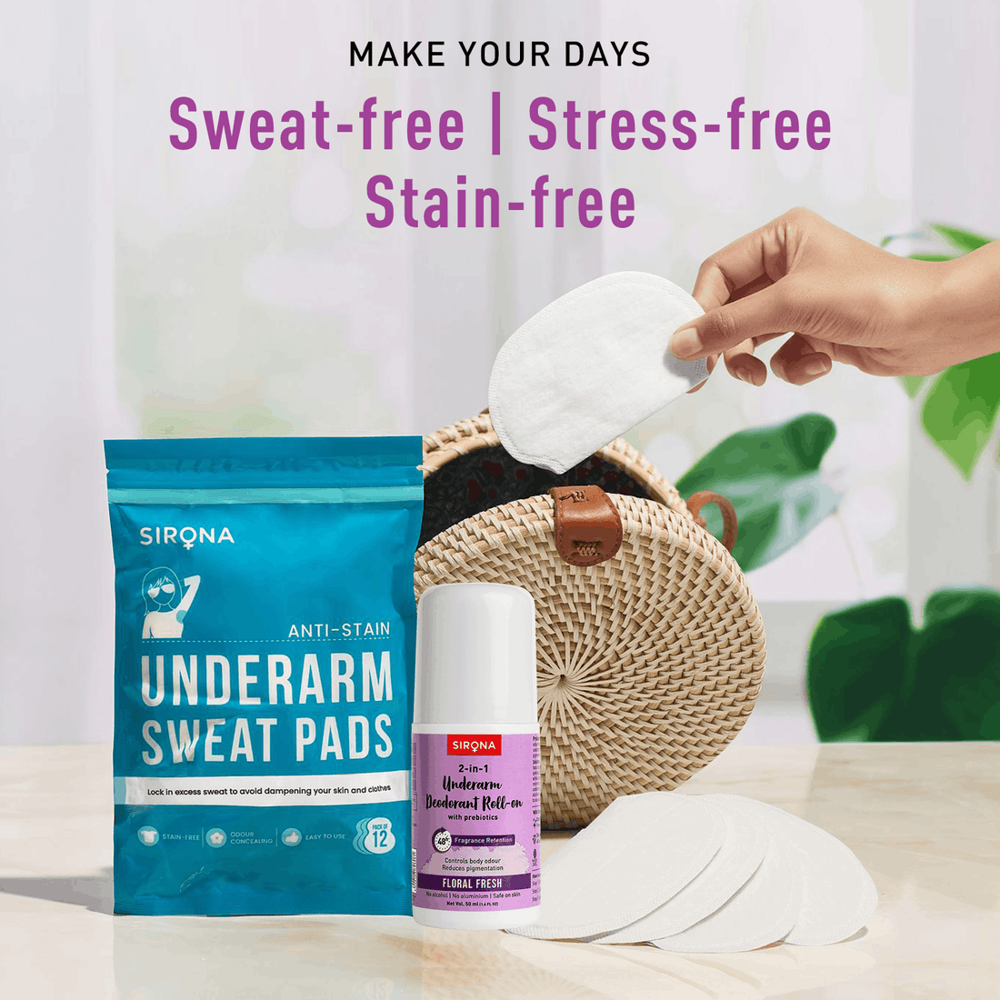 Sirona No Sweat Combo - 2 in 1 Underarm Roll On, Underarm Sweat Pads, Soft &amp; Rash Free, Safe on Skin - Pack of 1