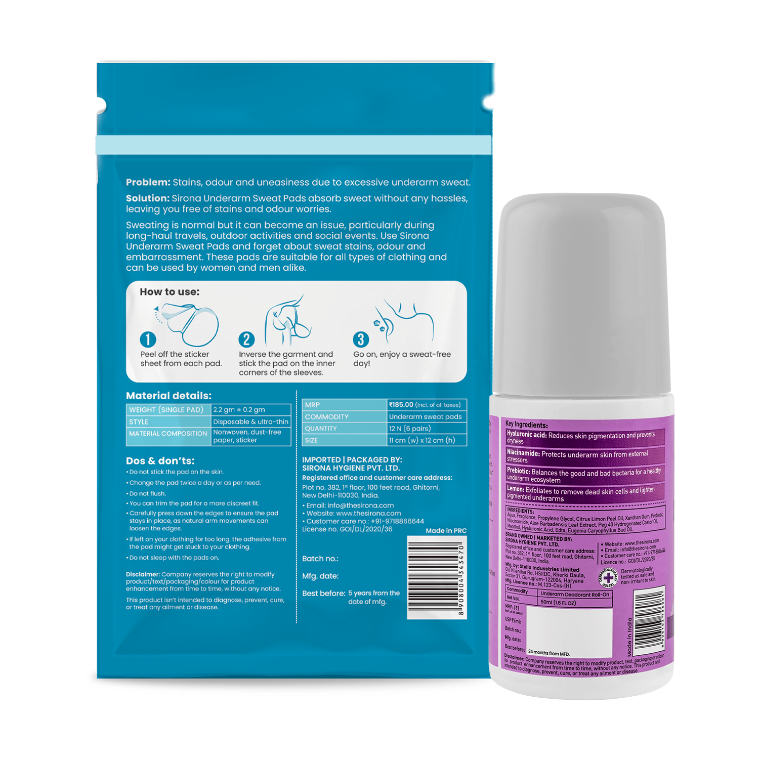 Sirona No Sweat Combo - 2 in 1 Underarm Roll On, Underarm Sweat Pads, Soft &amp; Rash Free, Safe on Skin - Pack of 1
