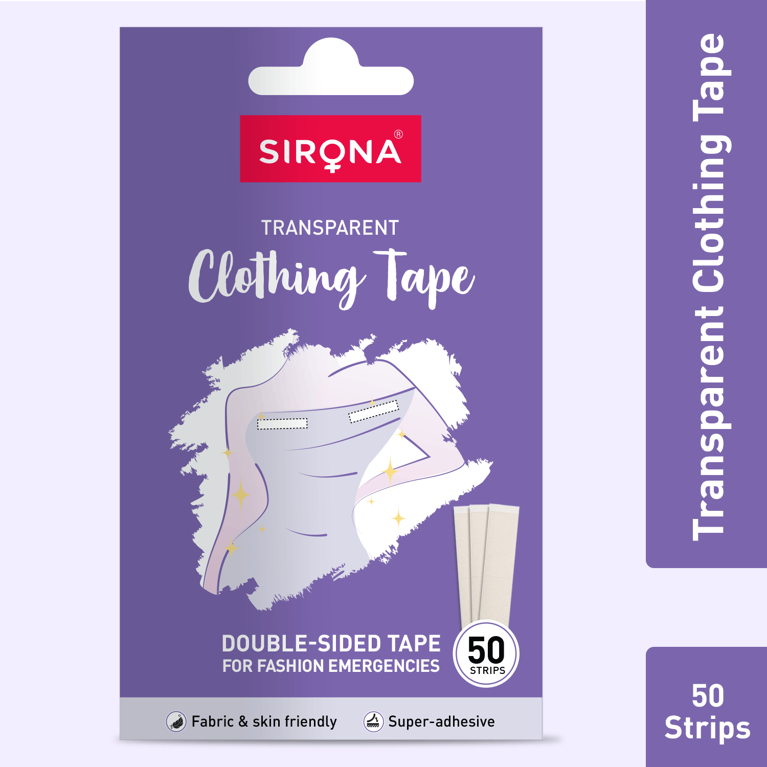 Sirona Clothing Tape | Transparent Double Sided Tape For Clothes, Fabric Fashion Tape, Fabric &amp; Skin Friendly, Backless Support - Pack of 50