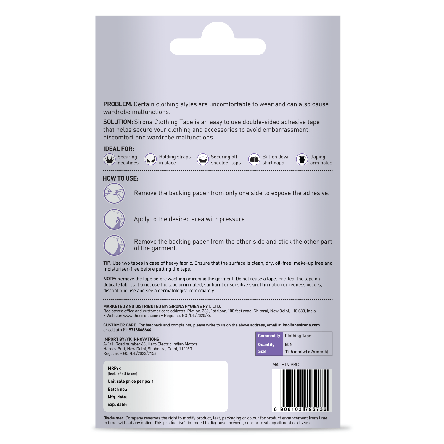 Sirona Clothing Tape | Transparent Double Sided Tape For Clothes, Fabric Fashion Tape, Fabric &amp; Skin Friendly, Backless Support - Pack of 50