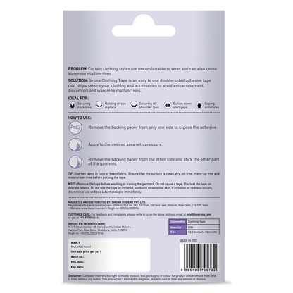 Sirona Clothing Tape | Transparent Double Sided Tape For Clothes, Fabric Fashion Tape, Fabric &amp; Skin Friendly, Backless Support - Pack of 50