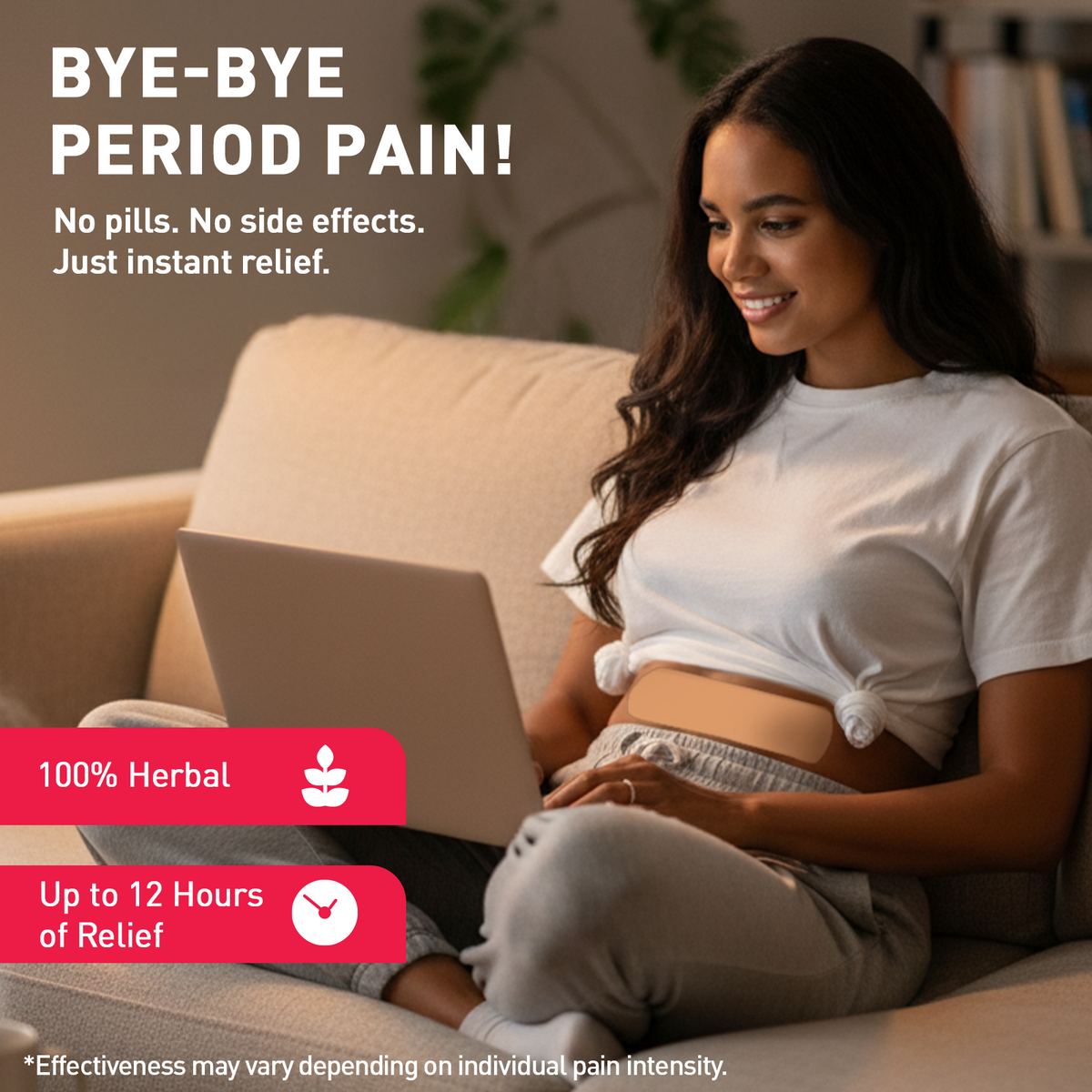 Woman using a laptop on a couch with promotional text about instant relief from period pain.